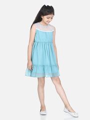 Girls Blue Polyester Self Design Dress with Net and Lace Inserts