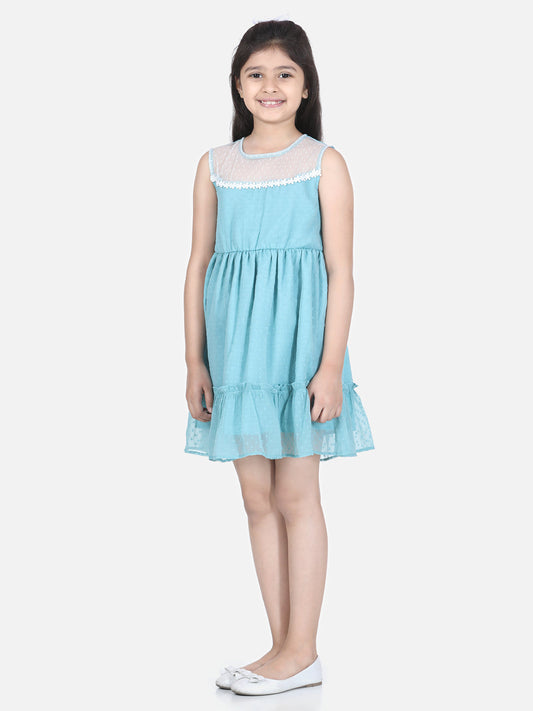 Girls Blue Polyester Self Design Dress with Net and Lace Inserts