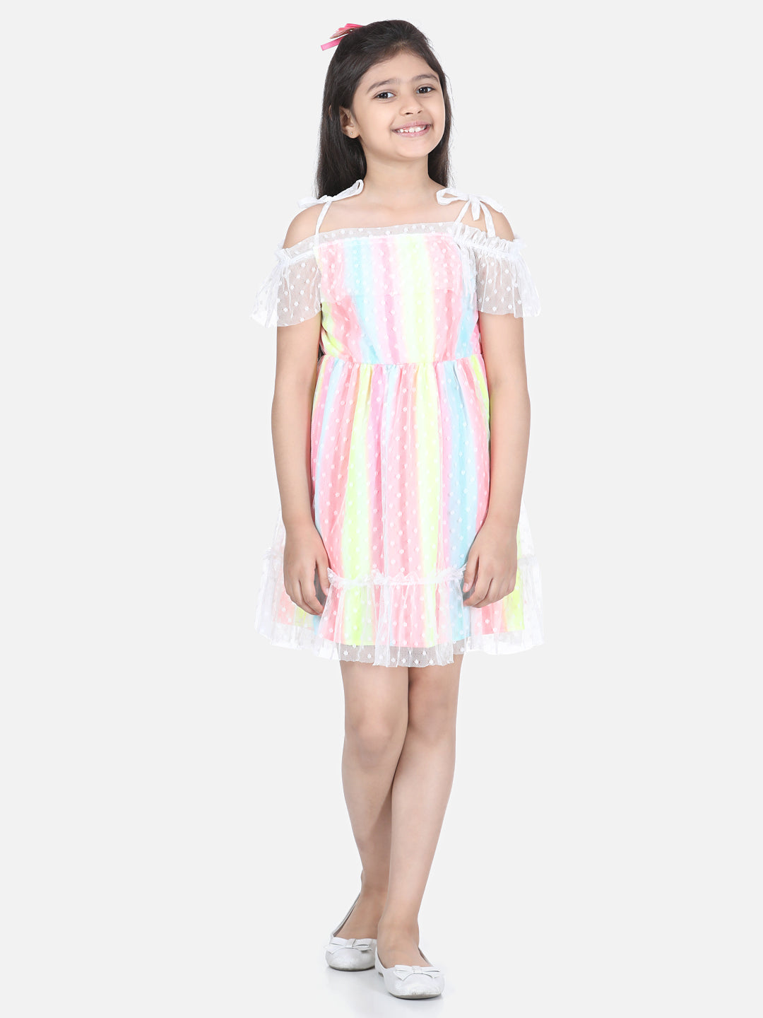 Girls Multi Coloured Cold Shoulder Dress with Lace Detail