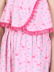 Girls Pink Flamingo Printed Dress with Pom Pom Details