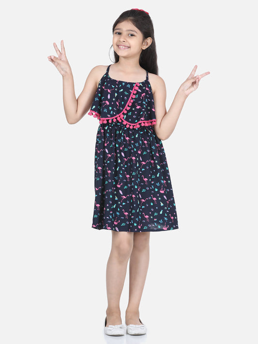 Girls Black Flamingo Printed Dress with Pom Pom Details