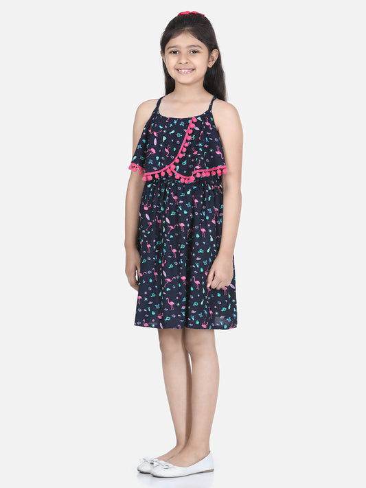 Girls Black Flamingo Printed Dress with Pom Pom Details