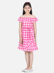 Girls Pink Check Polyester Off Shoulder Dress