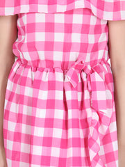 Girls Pink Check Polyester Off Shoulder Dress