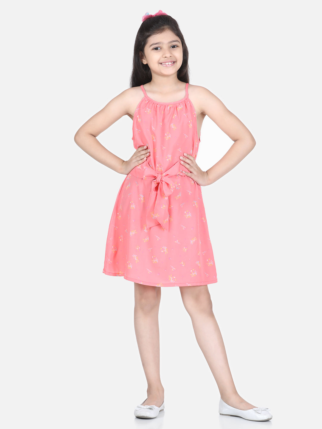 Girls Coral Floral Front Tie Knot Dress