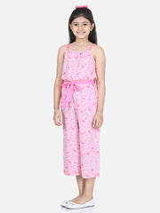 Girls Flamingo Printed Jumpsuit with Pink Belt