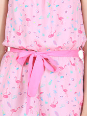 Girls Flamingo Printed Jumpsuit with Pink Belt