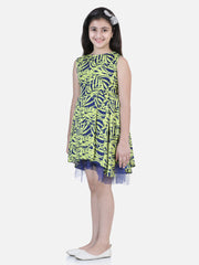 Girls Yellow and Blue Printed Hi-Lo Dress with Net Inset