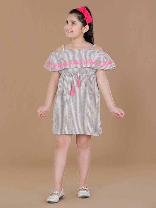 StyleStone Girls Beige OffShoulder Dress with Pink Embroidery