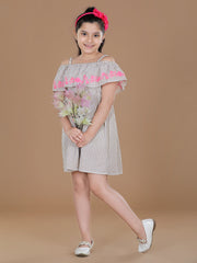 StyleStone Girls Beige OffShoulder Dress with Pink Embroidery