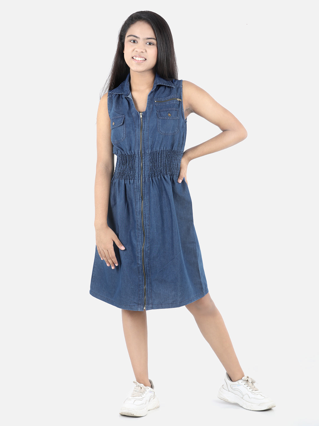 Girls Denim Smocked Waist Front Zip Dress