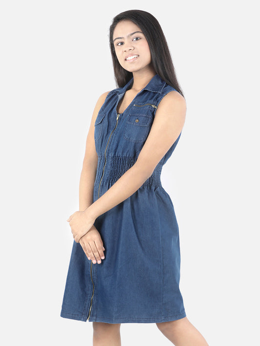 Girls Denim Smocked Waist Front Zip Dress