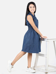 Girls Denim Smocked Waist Front Zip Dress