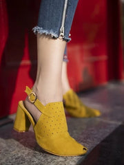 Womens & Girls Yellow Laser Cuts Peep-Toed Heeled Mules