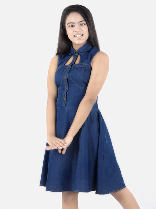 Girls Denim Window Cutout Navy Blue Dress