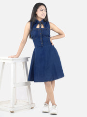 Girls Denim Window Cutout Navy Blue Dress