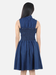 Girls Denim Window Cutout Navy Blue Dress