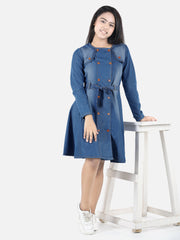 Girls Denim Long Sleeve Dress with Shoulder detail