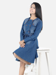 Girls Denim Long Sleeve Dress with Shoulder detail