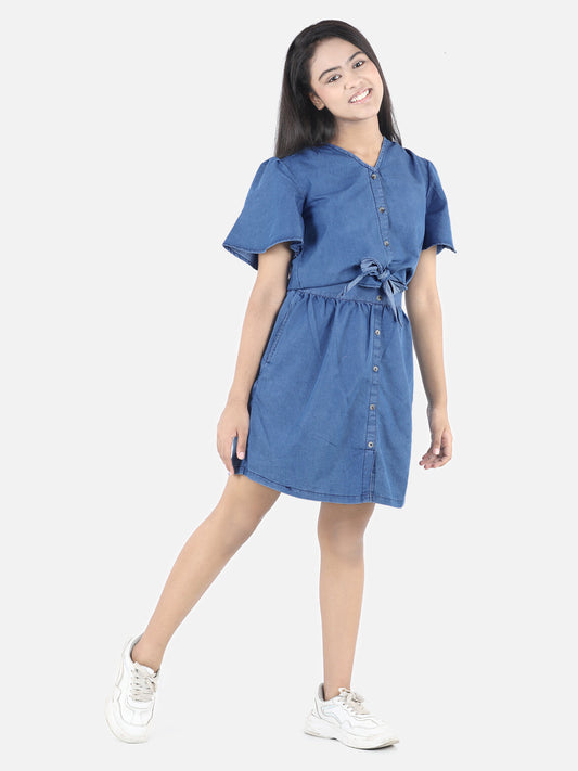 Girls Denim Dress with attached Tie knot style top