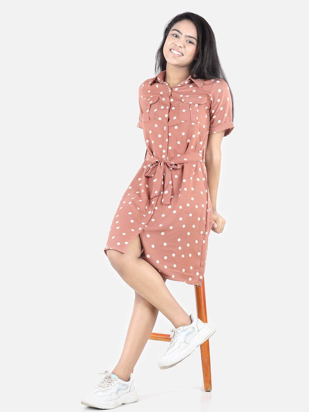 Girls Brown Polyester Polka Shirt Dress