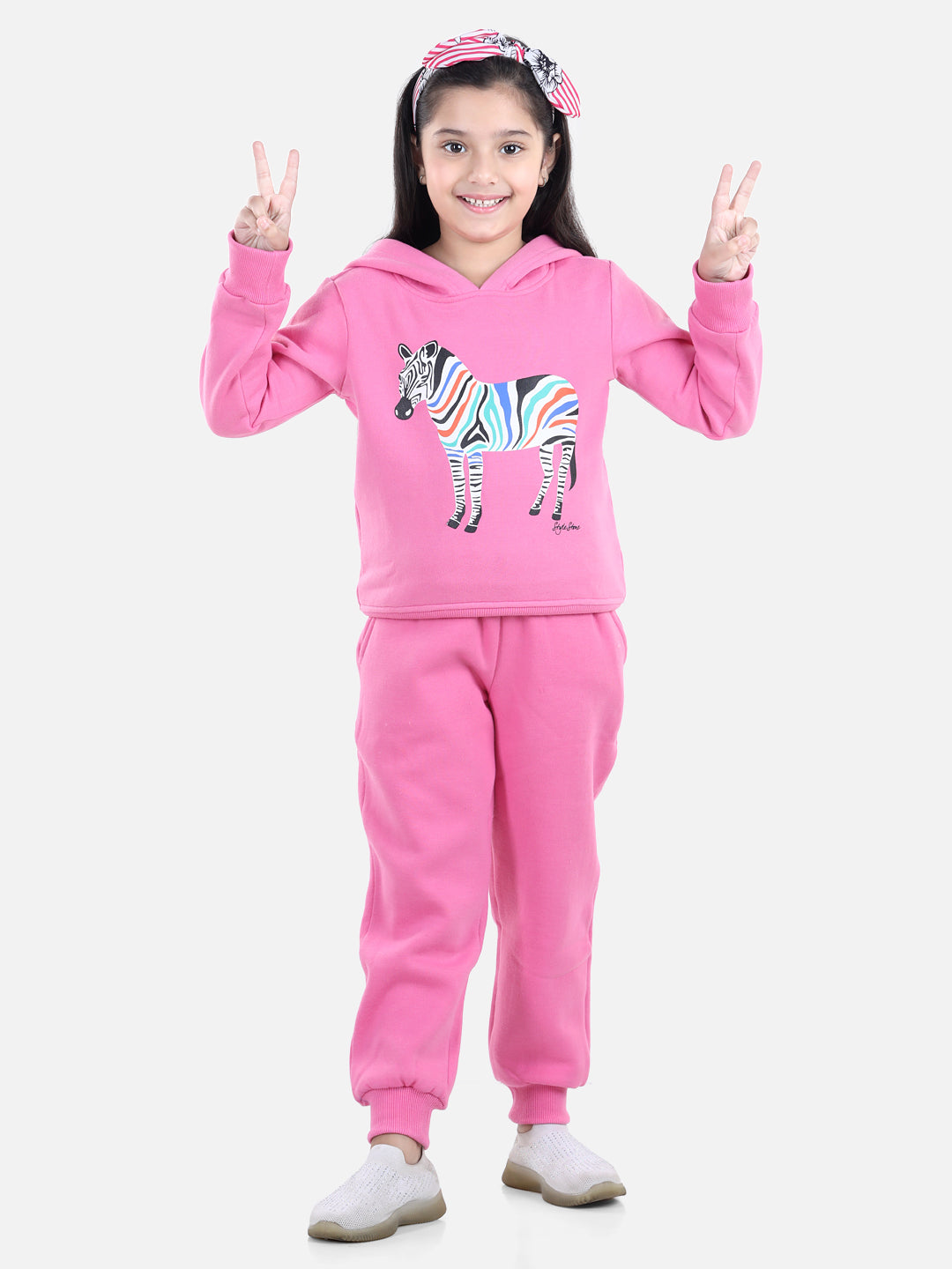 Girls Dark Pink Zebra Printed Hooded Track Suit Set