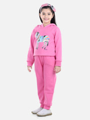 Girls Dark Pink Zebra Printed Hooded Track Suit Set