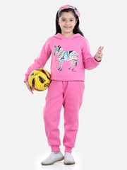 Girls Dark Pink Zebra Printed Hooded Track Suit Set