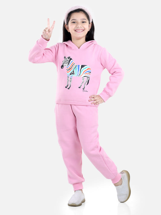 Girls Light Pink Zebra Printed Hooded Track Suit Set