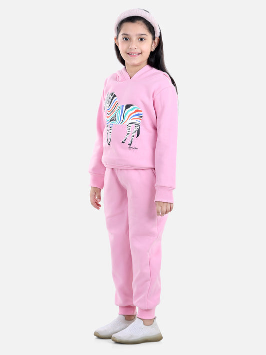 Girls Light Pink Zebra Printed Hooded Track Suit Set