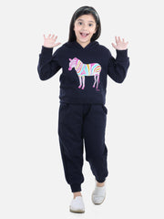 Girls Navy Zebra Printed Hooded Track Suit Set