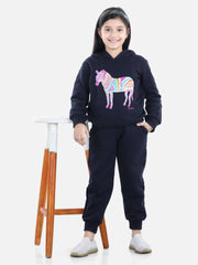 Girls Navy Zebra Printed Hooded Track Suit Set