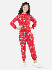 Girls Red Base Splash Printed Track Suit Set