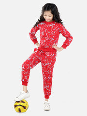 Girls Red Base Splash Printed Track Suit Set