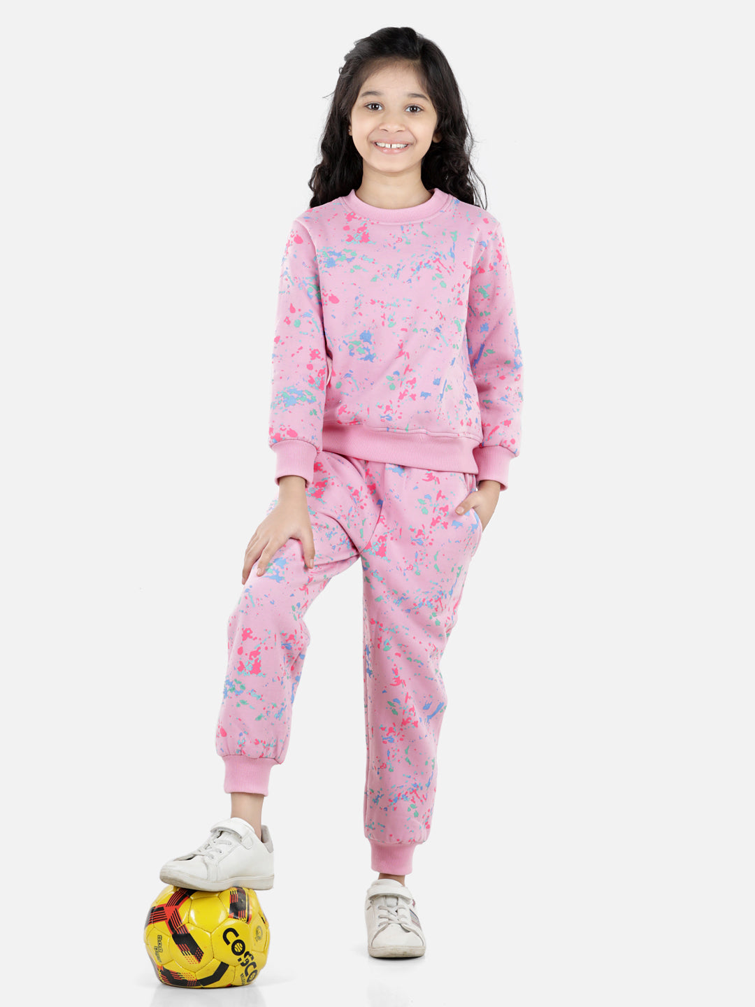 Girls Light Pink Base Splash Printed Track Suit Set