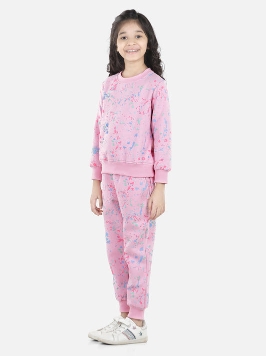 Girls Light Pink Base Splash Printed Track Suit Set