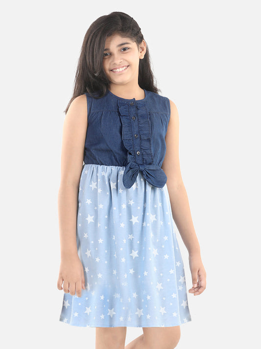 Girls Denim and Cotton Star Print Dress