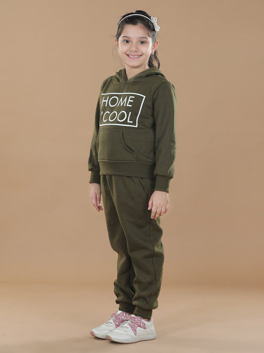 Girls Olive Home S'Cool Printed Hooded Track Suit Set