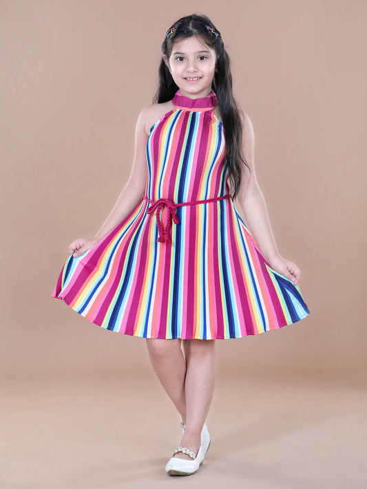 Multicolour Stripe Pleated Polyester  Dress