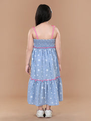 Girls Cotton Blue Star Printed Maxi Dress