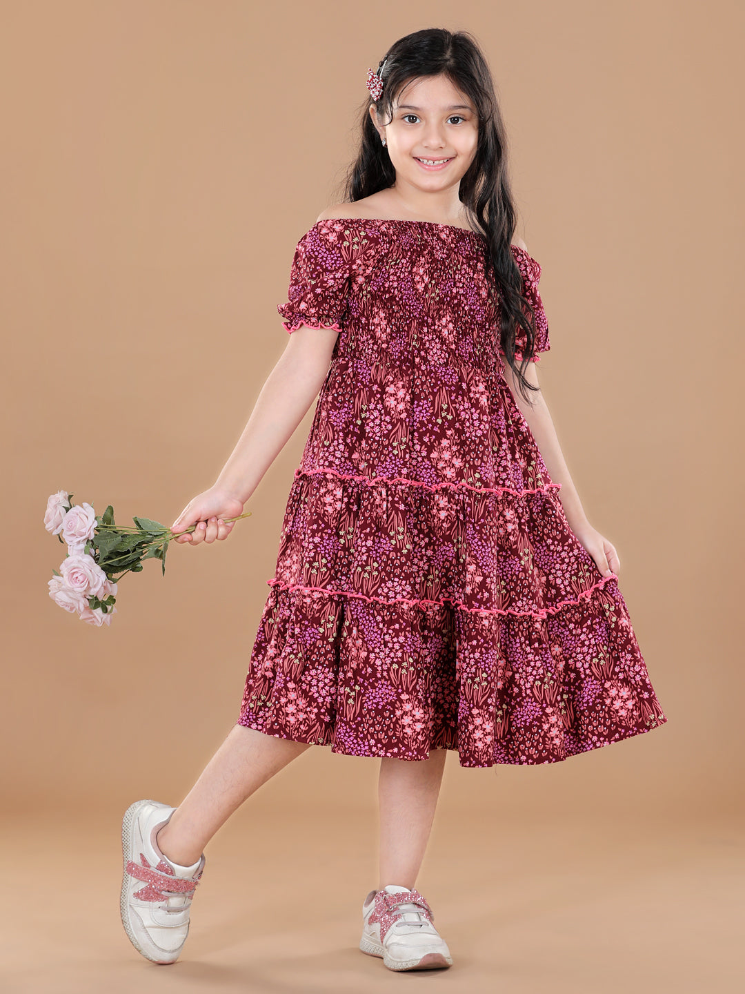 Girls Rayon  Smocked Off Shoulder Midi Dress