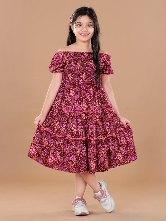 Girls Rayon  Smocked Off Shoulder Midi Dress