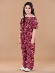 Girls Rayon Maroon floral Offshoulder Jumpsuit