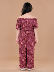 Girls Rayon Maroon floral Offshoulder Jumpsuit