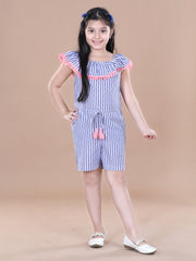 Girls Blue Striped Playsuit with Pink Lace Inserts