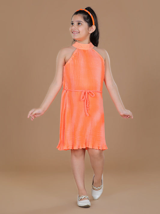 Girls PolyCrepe Pleated Orange Print Dress