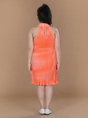 Girls PolyCrepe Pleated Orange Print Dress