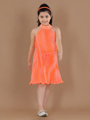 Girls PolyCrepe Pleated Orange Print Dress