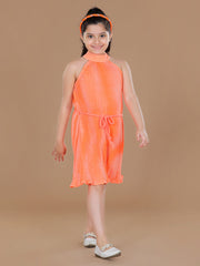 Girls PolyCrepe Pleated Orange Print Dress