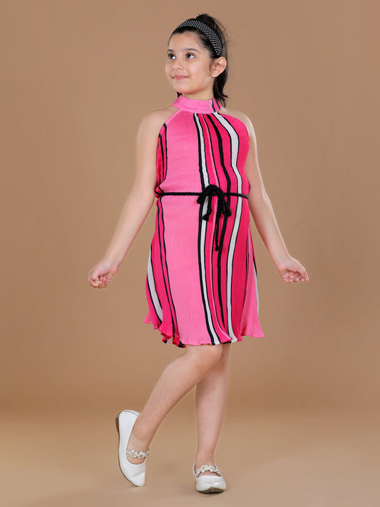 Girls PolyCrepe Pleated Pink  Print Dress